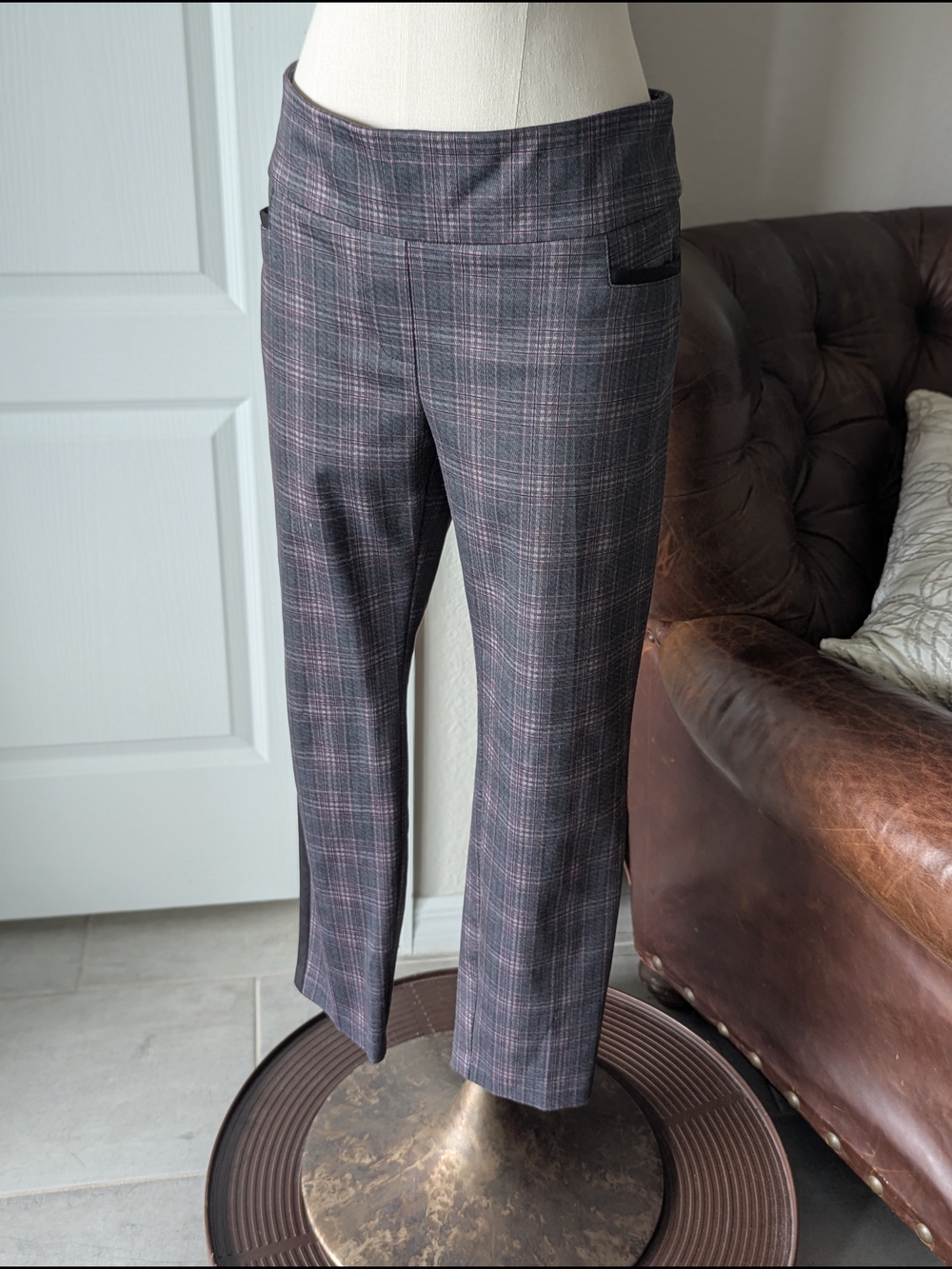 Tailored Tuxedo Gray 
Pink Black Plaid Cropped Dress Pants